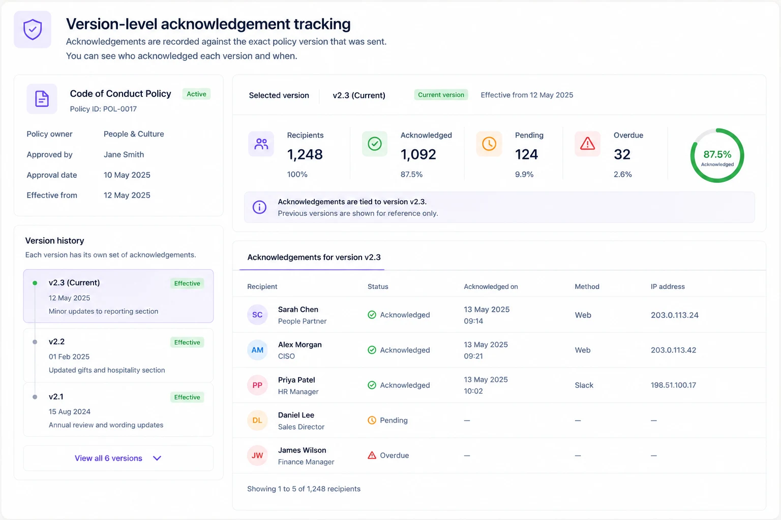 Policy version acknowledgement records