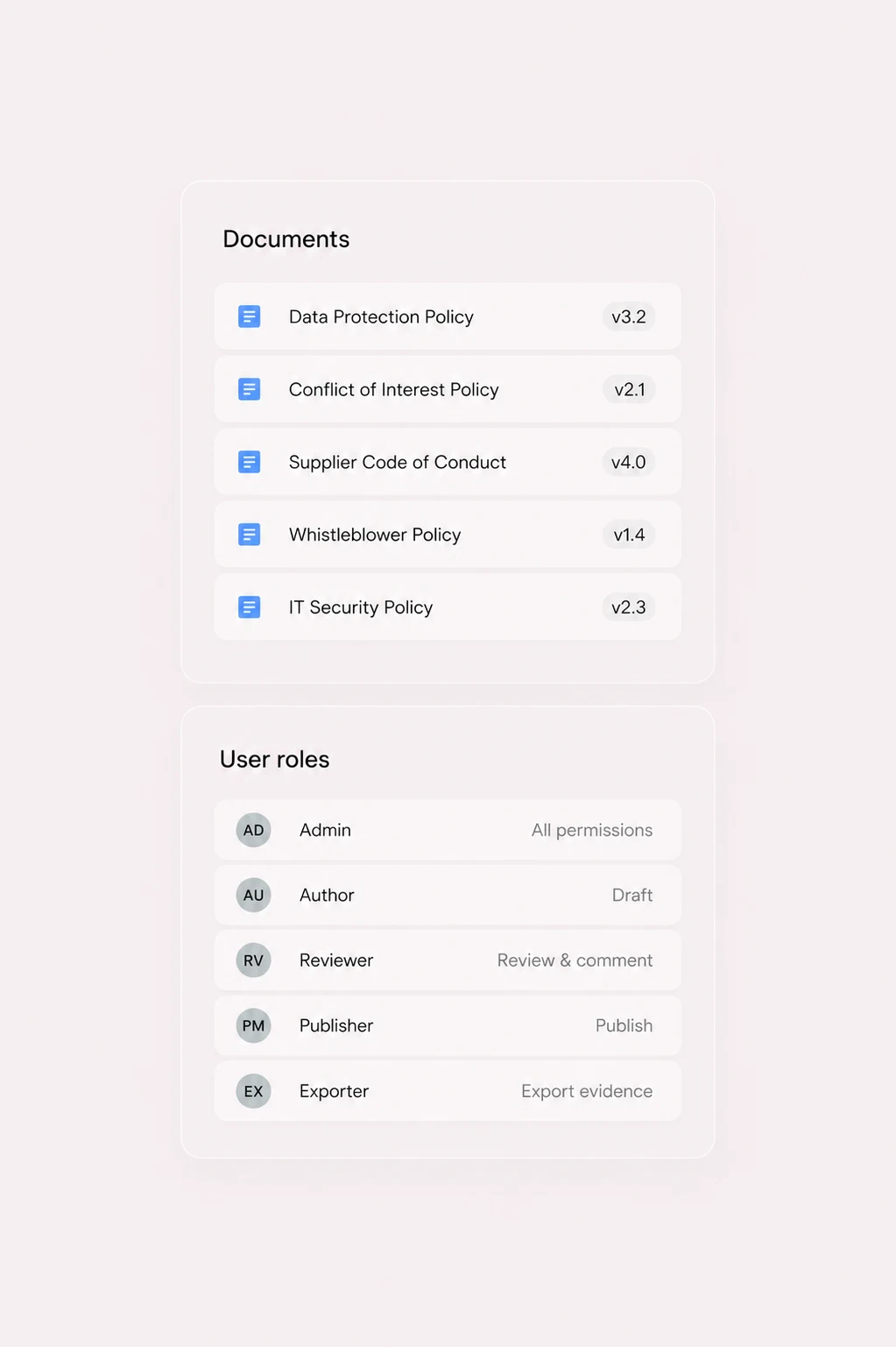 Policy agreement card connected to policy folders, approval status, acknowledgement evidence, and version history