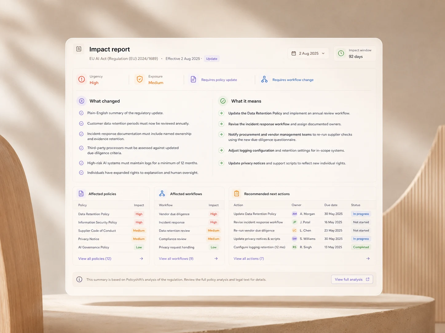 Regulatory change summary interface