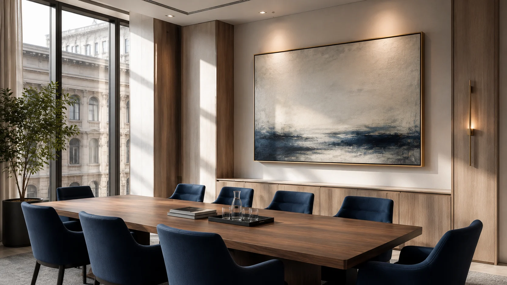 A modern boardroom with navy chairs and warm timber walls
